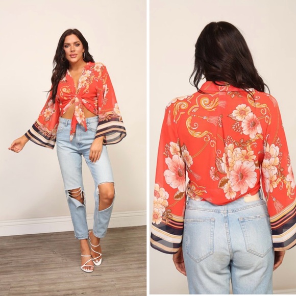 Tops - Floral Tie-Front Blouse - Red